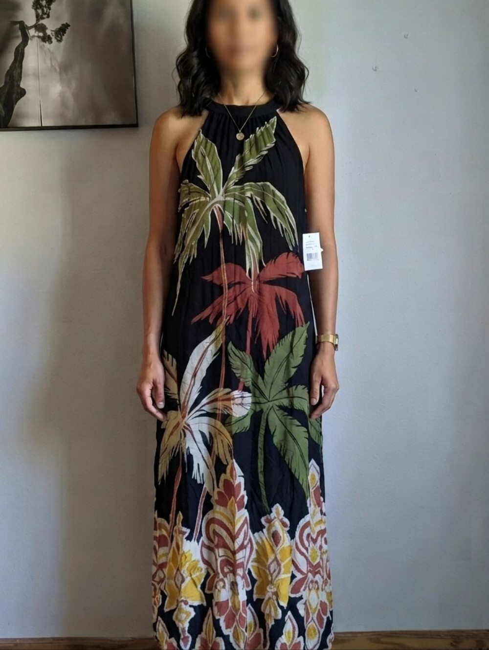 MSK New with Tags Tropical Palm Tree Print Halter Maxi Dress Black Multi Size M
